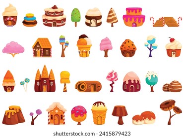 Candy land icons set cartoon vector. Sweet house. Castle jelly tree