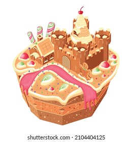 Candy land isometric composition with round platform and gingerbread castle with cherries lollipops and jam river vector illustration