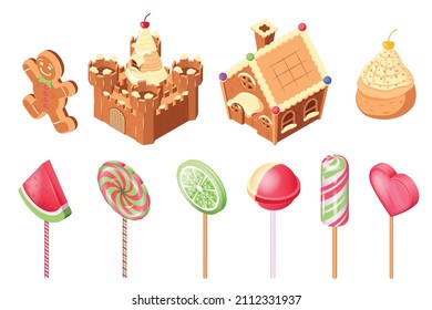 Candy land isometric set with isolated icons of colorful lollipop candies on sticks and gingerbread houses vector illustration