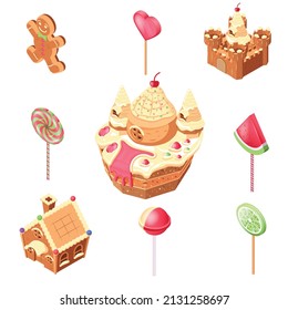 Candy land isometric set with isolated icons of lollipop candies on sticks with gingerbread man house vector illustration