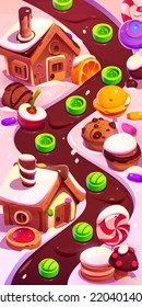 Candy land mobile game map, cartoon illustration. Magic sweet town with cookie houses, chocolate river, muffin and lollipop decorations. Open and locked level platforms. Vector gui background design
