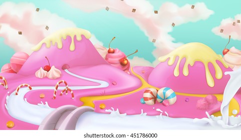Candy land. Pink sweet landscape, vector 3d background