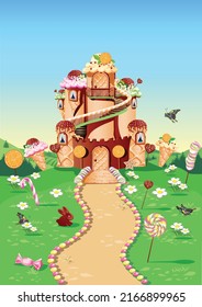 Candy land with a sweet castle decorated with cream and chocolate stands in a fairytale glade. Fairy tale country sweet background. Vector illustration.