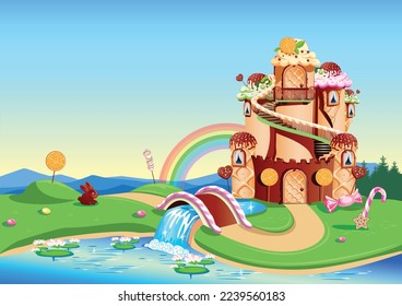 Candy land with a sweet castle decorated with cream and chocolate stands in a fairytale glade. Fairy tale country sweet background. Vector illustration. svg