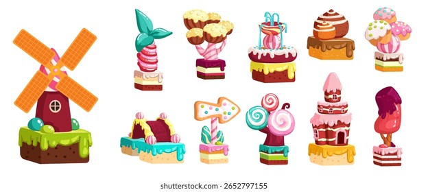 Candy land. Sweet fantasy world. Chocolate tree. Cartoon dessert hill. Magical glaze. Confectionery kids game landscape. Cute windmill with icing drips. Gingerbread home. Vector sweetness elements set