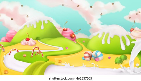 Candy land. Sweet landscape, vector 3d background
