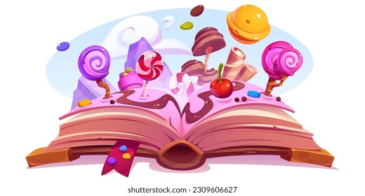 Candy land with sweets kid fairy tale story open book adventure cartoon vector illustration isolated on white background. Dream fairytale concept for kindergarten about confectionery and chocolate