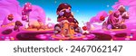 Candy land world with sweet game landscape vector. Fantasy magic pink candyland with cloud in sky and caramel village environment. Beautiful sugar yummy house bear childish road and dessert mushroom