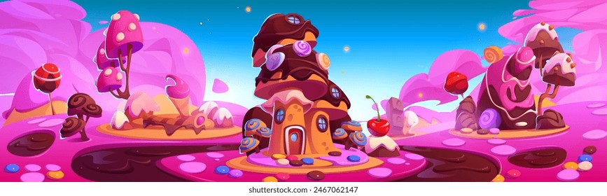 Candy land world with sweet game landscape vector. Fantasy magic pink candyland with cloud in sky and caramel village environment. Beautiful sugar yummy house bear childish road and dessert mushroom