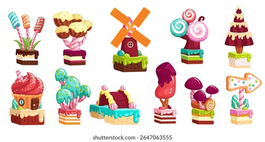 Candy land world. Sweet glaze hills. Chocolate trees. Dessert shapes. Colorful fantasy cake. Children cartoon landscape. Game scenery. Cute gingerbread homes. Vector confectionery game elements set