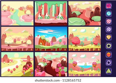 Candy landscape, collection of fairy tale landscapes, details for computers game interface vector Illustrations