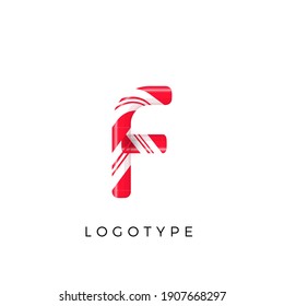 Candy letter F with bright red and white stripes. Like Sweet lollipop or funny cane. Vector latin symbol for logo and monogram. Branding typeset design