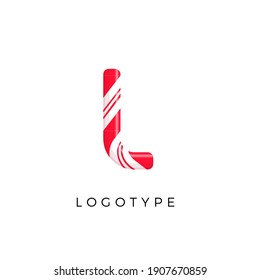 Candy letter L with bright red and white stripes. Like Sweet lollipop or funny cane. Vector latin symbol for logo and monogram. Branding typeset design