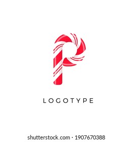 Candy letter P with bright red and white stripes. Like Sweet lollipop or funny cane. Vector latin symbol for logo and monogram. Branding typeset design