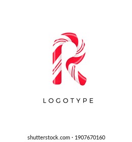 Candy letter R with bright red and white stripes. Like Sweet lollipop or funny cane. Vector latin symbol for logo and monogram. Branding typeset design