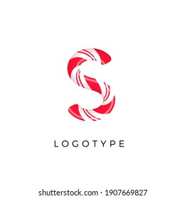 Candy letter S with bright red and white stripes. Like Sweet lollipop or funny cane. Vector latin symbol for logo and monogram. Branding typeset design