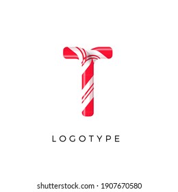 Candy letter T with bright red and white stripes. Like Sweet lollipop or funny cane. Vector latin symbol for logo and monogram. Branding typeset design