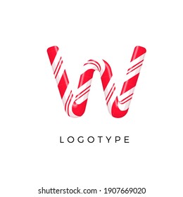 Candy Brief W mit hellroten und weißen Streifen. Wie süßer Lollipop oder lustiger Stock. Vektorlateinsymbol für Logo und Monogramm. Branding-Typendesign