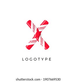 Candy letter X with bright red and white stripes. Like Sweet lollipop or funny cane. Vector latin symbol for logo and monogram. Branding typeset design
