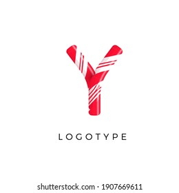 Candy letter Y with bright red and white stripes. Like Sweet lollipop or funny cane. Vector latin symbol for logo and monogram. Branding typeset design