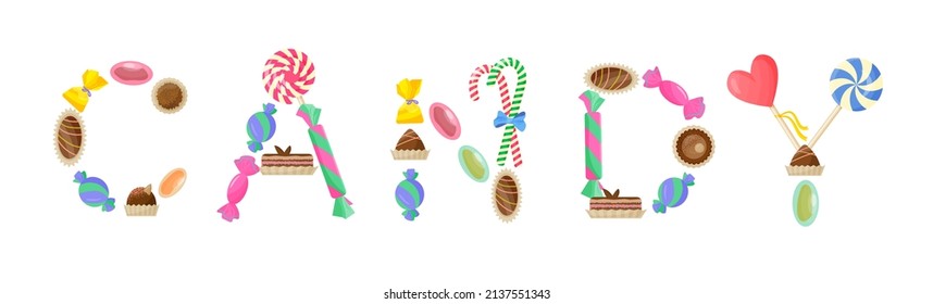 Candy Lettering Composition With Caramel And Brown Chocolate Candies. Vector Color Isolated Illustration.	