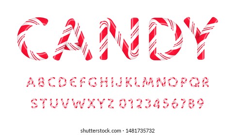 Candy letters and numbers set with bright red and white stripes. Sweet lollipop font. Festival style vector latin alphabet. Fonts for event, promo, logo, banner, monogram and poster. Typeset design.