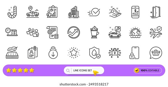 Candy, Lightweight mattress and Scroll down line icons for web app. Pack of Teamwork, Door, Interview documents pictogram icons. Twinkle star, Lock, Audit signs. Skin care, Disaster. Vector