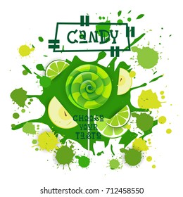 Candy Lime And Apple Lolly Dessert Colorful Icon Choose Your Taste Cafe Poster Vector Illustration