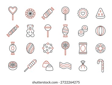 Conjunto de ícones da cor da linha de doces. Coleção de vetor com pirulito, doces, caramelo, cana de doces, chocolate, urso goma.