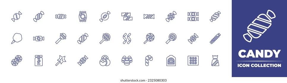 Candy line icon collection. Editable stroke. Vector illustration. Containing sweet, candy, lollies, cotton, lollipop, candies, coffee jar, star, chocolate, corn, christmas candy, chocolate