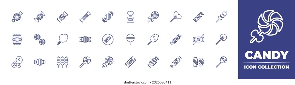 Candy line icon collection. Editable stroke. Vector illustration. Containing candy, lollipop, toffee, dango, cotton candy, no sweets, sugar.