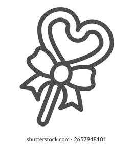 Icono de la línea del caramelo, concepto de los dulces del desierto. Gráficos de Vector. Caramelo en forma de corazón y muestra de arco sobre fondo blanco, icono de estilo de contorno para móvil o Diseño web