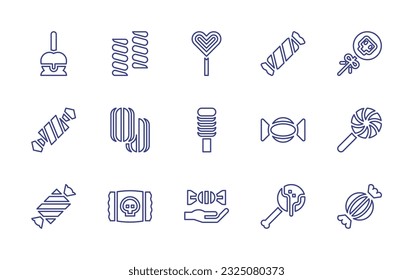 Candy line icon set. Editable stroke. Vector illustration. Containing candy, marshmallow, popsicle stick, peppermint, lollipop, chocolate, trick or treat, halloween candy.