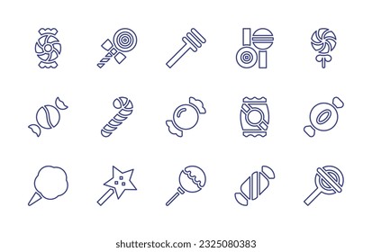 Candy line icon set. Editable stroke. Vector illustration. Containing mint, lollipop, sweet, candy cane, candy, lollies, cotton candy, star.
