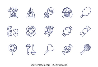 Candy line icon set  Editable stroke  Vector illustration  Containing bag  toffee apple  lollipop  candy  cotton candy  candies  jelly beans  mummy  lollipops  halloween 