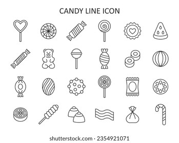 Juego de iconos de línea de caramelo. Colección de símbolos con langostinos, dulces, caramelo, caramelo, caramelo, chocolate, oso gummy. Ilustración vectorial.