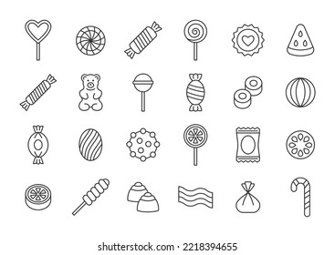 Candy Line Icon Set. Vector Collection With Lollipop, Sweets, Caramel, Candy Cane, Chocolate, Gummy Bear. Editable Stroke.