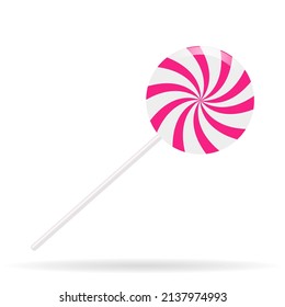 Candy Lollipop with bright pink swirling stripes. Vector illustration.