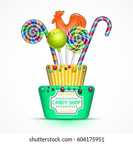 Candy, lollipop, cake, sweet set. A realistic background for the holiday. Vector illustration.