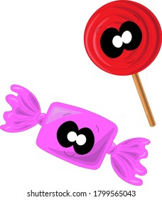 Candy and Lollipop in cartoon style. It can be used for postcards, icons, children's prints for things, covers for notebooks, puzzles, decoration of boxes for toys, notebooks and etc.
