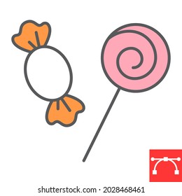 Candy and lollipop color line icon, holiday and dessert, candies vector icon, vector graphics, editable stroke filled outline sign, eps 10.