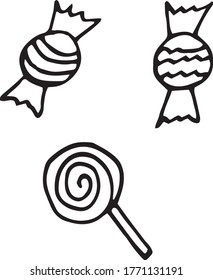 caramelos y langostinos en mano dibujados al estilo doodle. vector, escandinavo, monocromo. Conjunto de elementos para el diseño, pegatina, tarjeta, colección de decoración de carteles