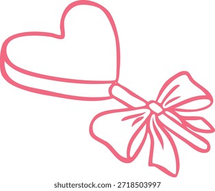 Piruleta de caramelo en forma de corazón en un palo decorado con el arte de la línea de lazo de la cinta. Vector doodle ilustración de Chupa chups romántico, símbolo de amor aislado