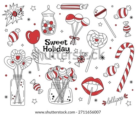 Candy and lollipop icons set. Sweet holiday. Hand drawn coffees, sweets, treats, and desserts. Cute doodles for birthday, Christmas and Valentine's Day. Vector illustration