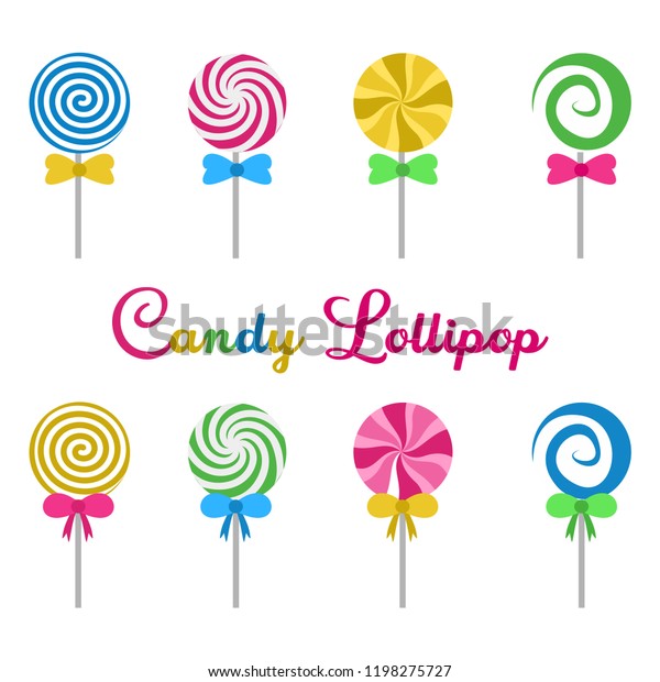 キャンディロリポップの丸い おいしい平らなデザインの漫画のベクターイラスト 甘いカラフルなカンディのセットアイコン のベクター画像素材 ロイヤリティフリー