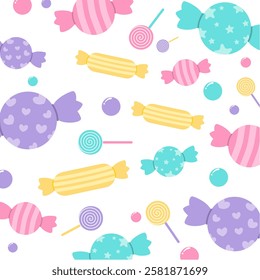 Candy and lollipop seamless pattern on white isolated background. Candy vector illustration. Can be used for party decoration and paper wrapping