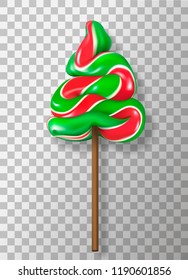 Candy lollipop in the shape of a Christmas tree. Realistic 3d vector illustration on transparent background