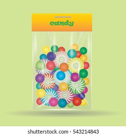 Candy Lollipop A Sweet In The Assortment Of Colored Transparent Bag Isolated On A Green Background Art Creative Design Element Vector Illustration