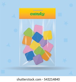 candy lollipop a sweet colored transparent bag isolated on a blue background vector illustration art creative design element