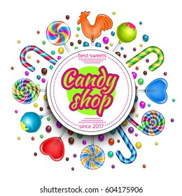 Candy, lollipop, sweet set. Logo and realistic background for the holiday. Vector illustration.